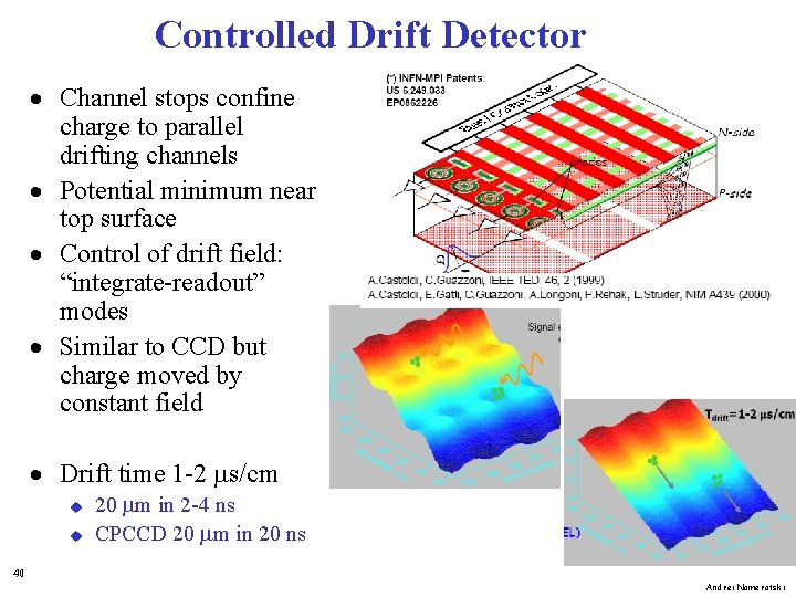 Controlled Drift Detector · Channel stops confine charge to parallel drifting channels · Potential