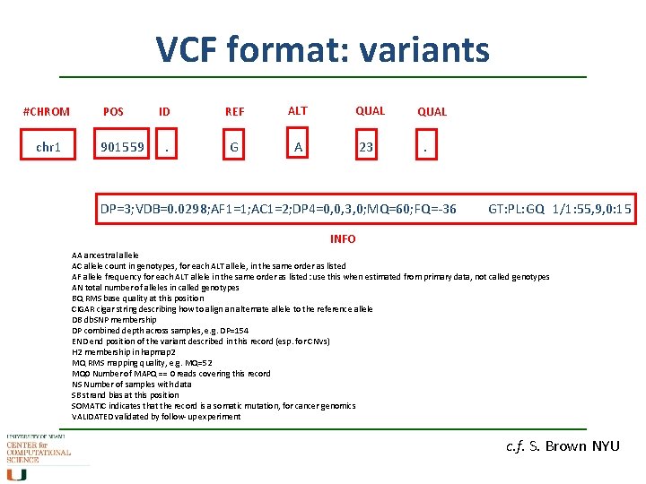 VCF format: variants #CHROM chr 1 POS 901559 ID REF ALT QUAL . G