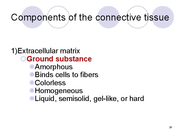Components of the connective tissue 1)Extracellular matrix ¡Ground substance l. Amorphous l. Binds cells