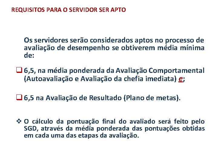 REQUISITOS PARA O SERVIDOR SER APTO Os servidores serão considerados aptos no processo de