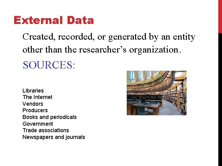 External Data Created, recorded, or generated by an entity other than the researcher’s organization.