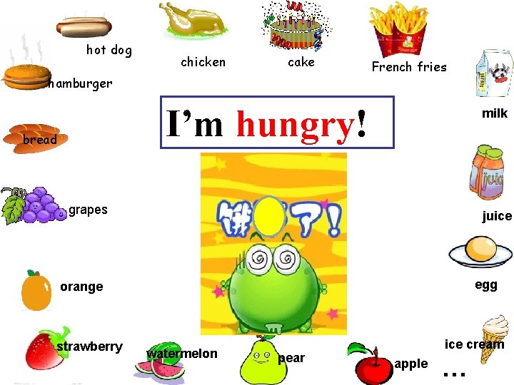 hot dog chicken cake hamburger French fries I’m hungry! bread milk grapes juice egg