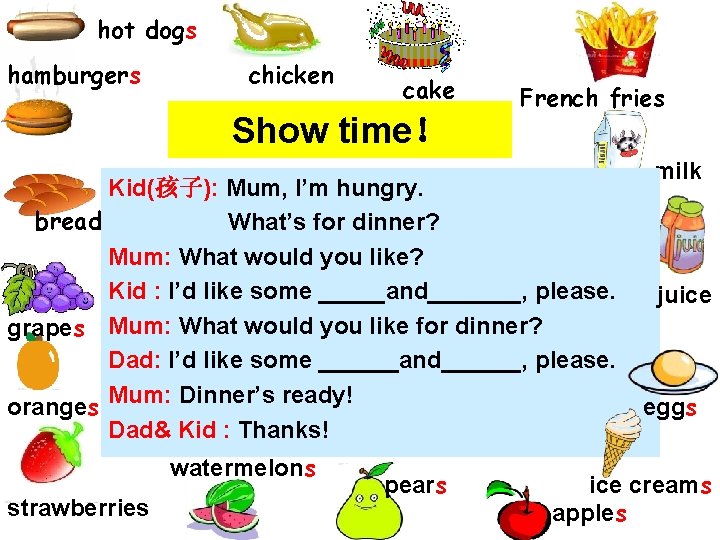 hot dogs hamburgers chicken cake Show time！ French fries Kid(孩子): Mum, I’m hungry. bread