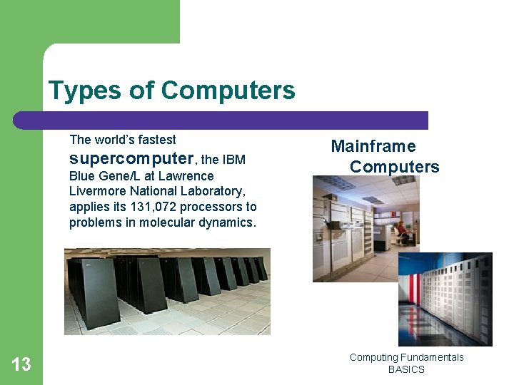 Types of Computers The world’s fastest supercomputer, the IBM Blue Gene/L at Lawrence Livermore