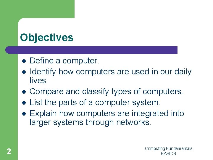 Objectives l l l 2 Define a computer. Identify how computers are used in