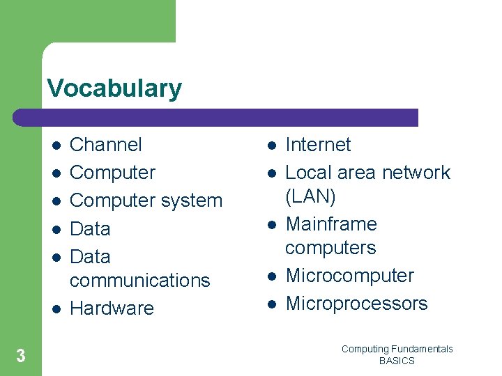 Vocabulary l l l 3 Channel Computer system Data communications Hardware l l l