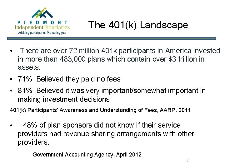 The 401(k) Landscape • There are over 72 million 401 k participants in America