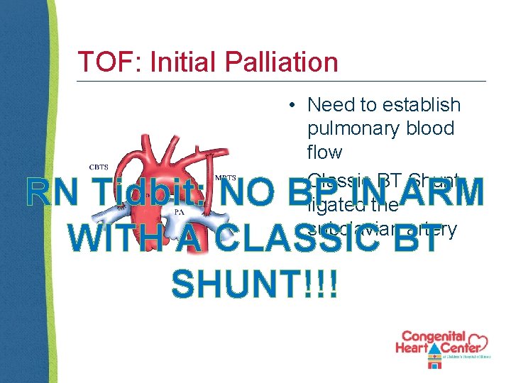 TOF: Initial Palliation • Need to establish pulmonary blood flow • Classic BT Shunt
