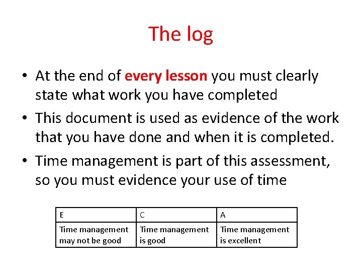 The log • At the end of every lesson you must clearly state what