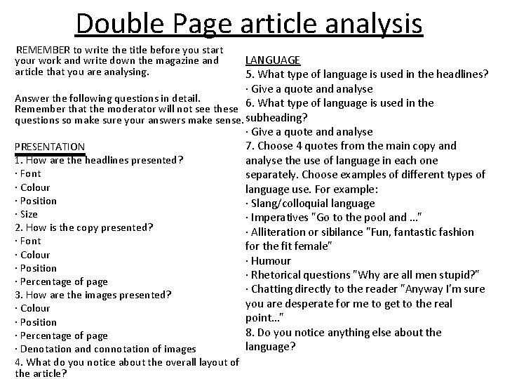 Double Page article analysis REMEMBER to write the title before you start your work