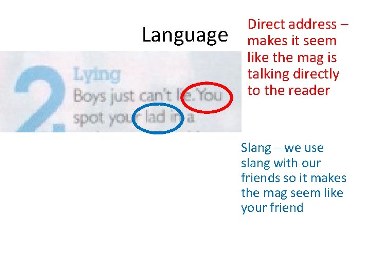 Language Direct address – makes it seem like the mag is talking directly to