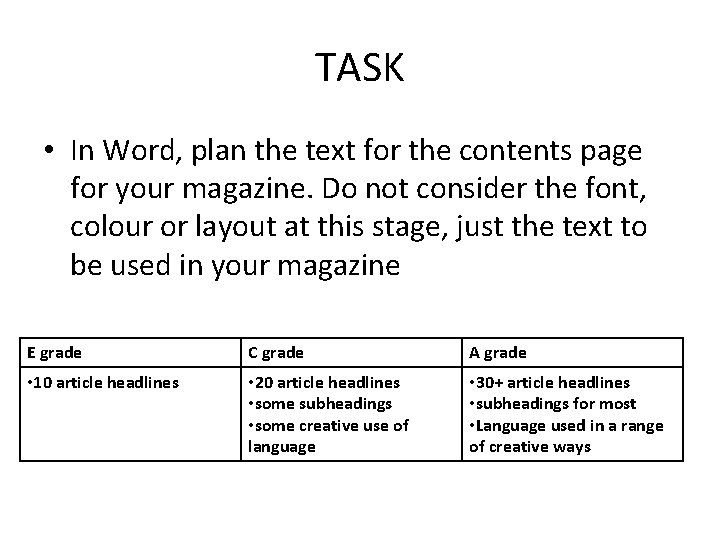 TASK • In Word, plan the text for the contents page for your magazine.