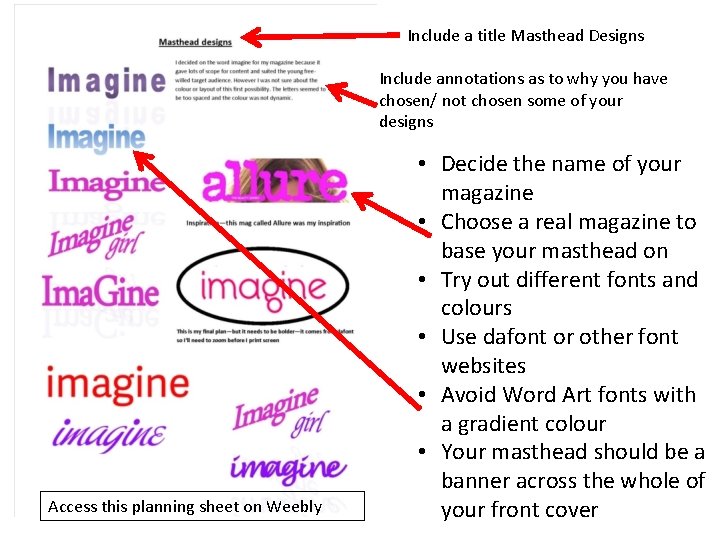 Include a title Masthead Designs Include annotations as to why you have chosen/ not