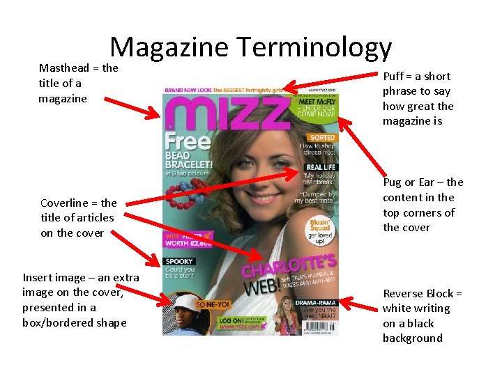 Magazine Terminology Masthead = the title of a magazine Coverline = the title of