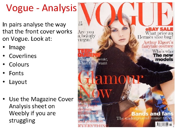 Vogue - Analysis In pairs analyse the way that the front cover works on