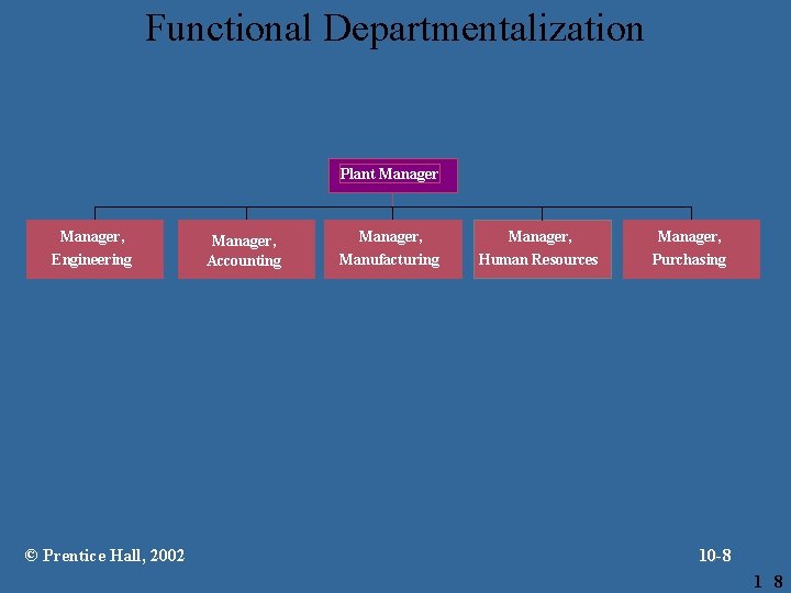 Functional Departmentalization Plant Manager, Engineering © Prentice Hall, 2002 Manager, Accounting Manager, Manufacturing Human