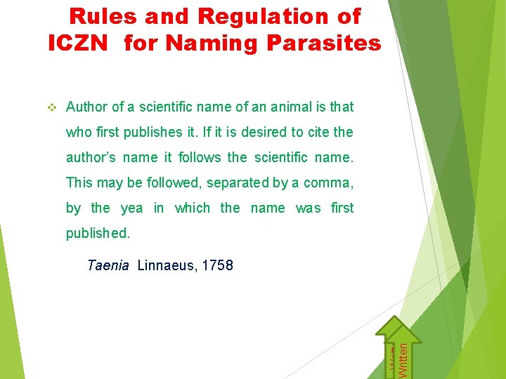 Rules and Regulation of ICZN for Naming Parasites Author of a scientific name of