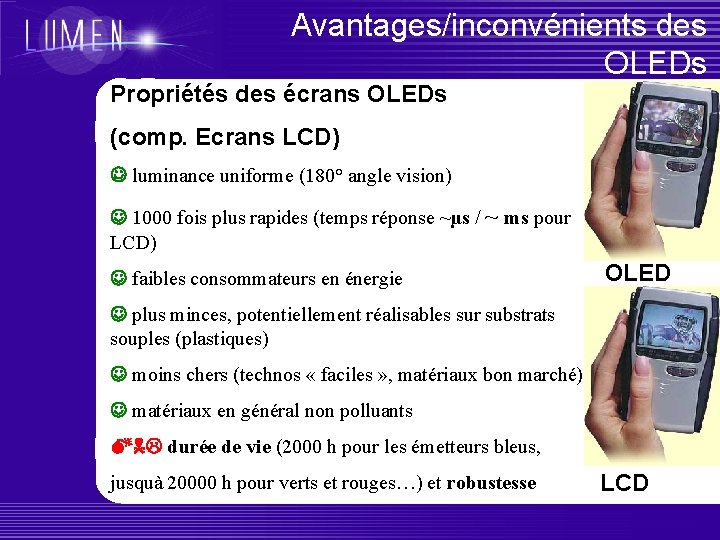 Avantages/inconvénients des OLEDs Propriétés des écrans OLEDs (comp. Ecrans LCD) luminance uniforme (180° angle