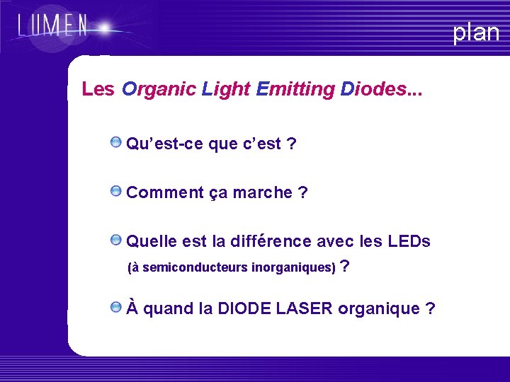plan Les Organic Light Emitting Diodes. . . Qu’est-ce que c’est ? Comment ça