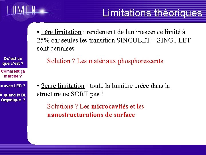 Limitations théoriques • 1ère limitation : rendement de luminescence limité à 25% car seules