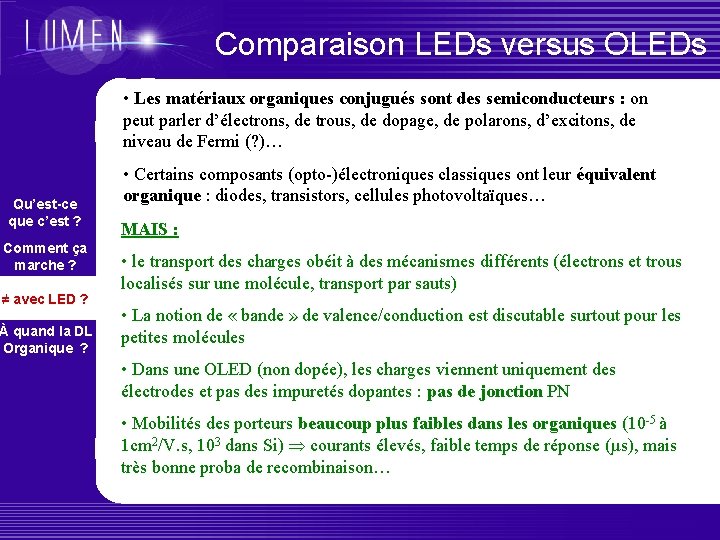 Comparaison LEDs versus OLEDs • Les matériaux organiques conjugués sont des semiconducteurs : on