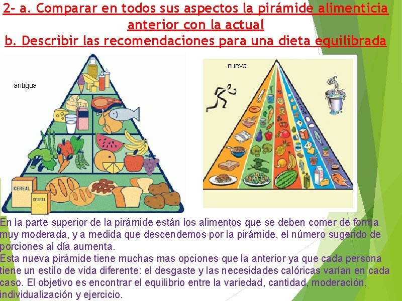 2 - a. Comparar en todos sus aspectos la pirámide alimenticia anterior con la