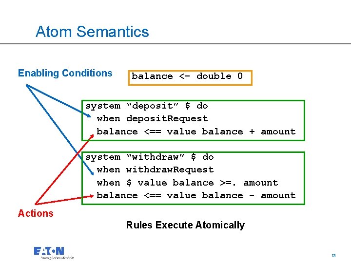 Atom Semantics Enabling Conditions balance <- double 0 system “deposit” $ do when deposit.