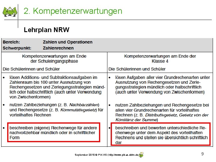 2. Kompetenzerwartungen Lehrplan NRW September 2010 © PIK AS (http: //www. pikas. dzlm. de)