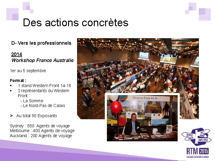Des actions concrètes D- Vers les professionnels 2014 Workshop France Australie 1 er au