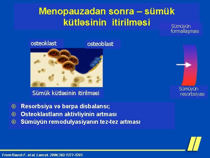 Menopauzadan sonra – sümük kütləsinin itirilməsi Sümüyün formallaşması osteoklast osteoblast Sümük kütləsinin itirilməsi Resorbsiya