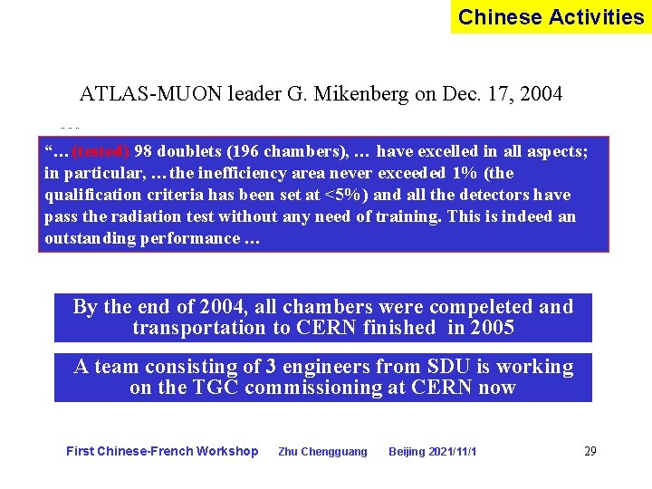 Chinese Activities ATLAS-MUON leader G. Mikenberg on Dec. 17, 2004 ……… “…(tested) 98 doublets