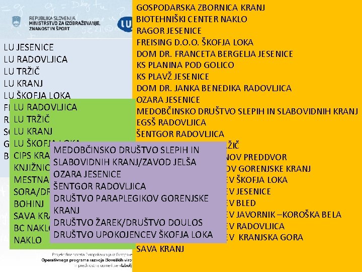 GOSPODARSKA ZBORNICA KRANJ BIOTEHNIŠKI CENTER NAKLO RAGOR JESENICE FREISING D. O. O. ŠKOFJA LOKA