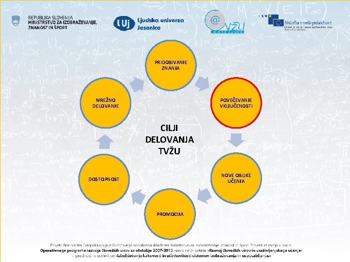 PRIDOBIVANJE ZNANJA MREŽNO DELOVANJE POVEČEVANJE VKLJUČENOSTI CILJI DELOVANJA TVŽU NOVE OBLIKE UČENJA DOSTOPNOST PROMOCIJA