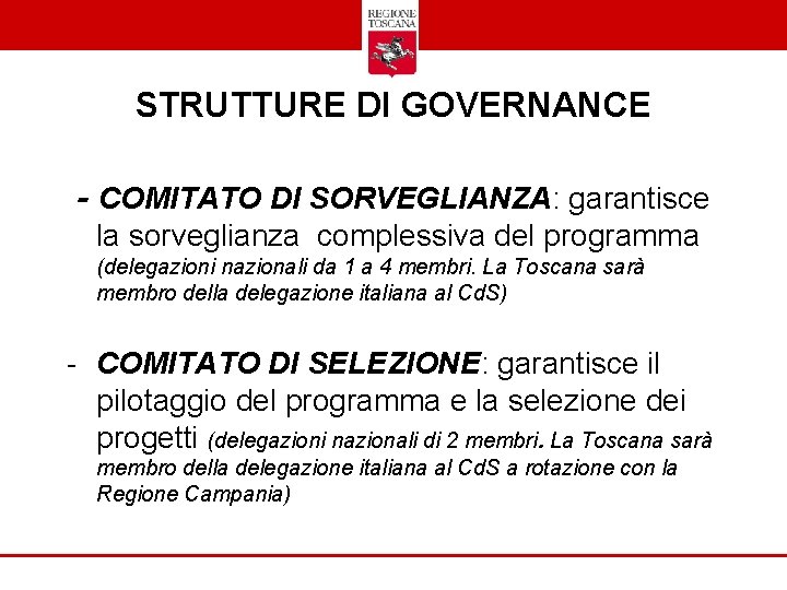 STRUTTURE DI GOVERNANCE - COMITATO DI SORVEGLIANZA: garantisce la sorveglianza complessiva del programma (delegazioni