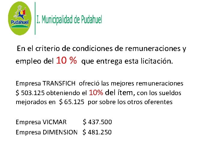 En el criterio de condiciones de remuneraciones y empleo del 10 % que entrega En el criterio de condiciones de remuneraciones y empleo del 10 % que entrega