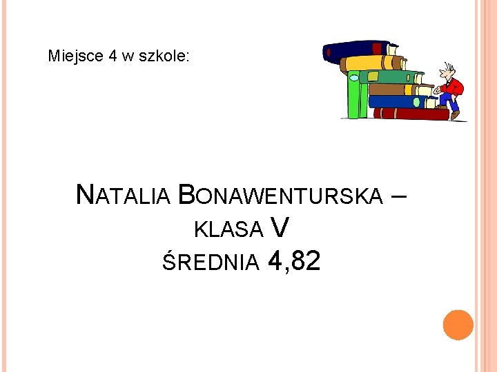 Miejsce 4 w szkole: NATALIA BONAWENTURSKA – KLASA V ŚREDNIA 4, 82 