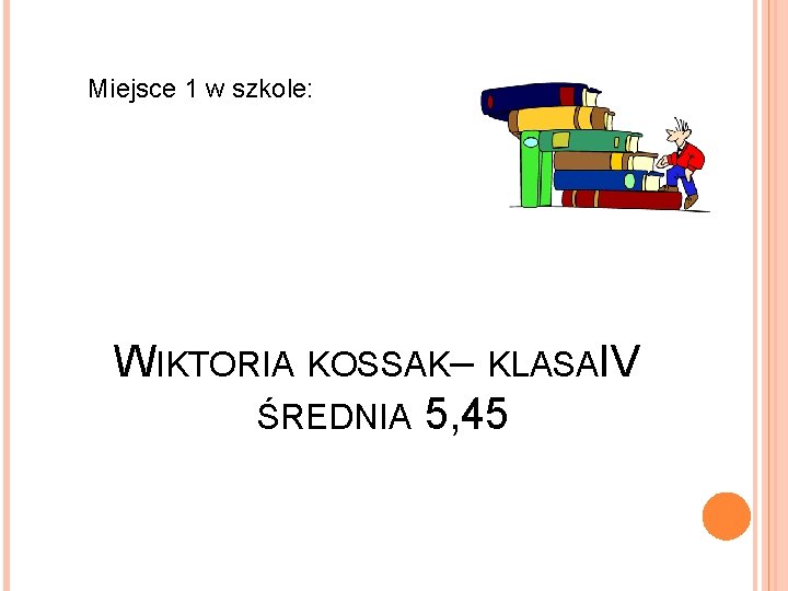 Miejsce 1 w szkole: WIKTORIA KOSSAK– KLASAIV ŚREDNIA 5, 45 