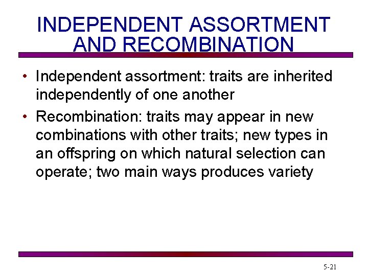 INDEPENDENT ASSORTMENT AND RECOMBINATION • Independent assortment: traits are inherited independently of one another