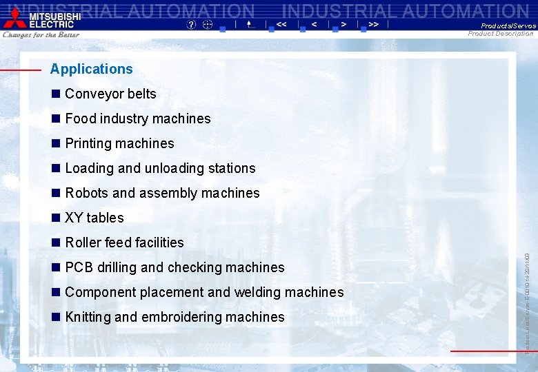 Products/Servos Product Description Applications n Conveyor belts n Food industry machines n Printing machines