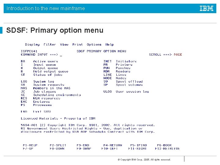 Introduction to the new mainframe SDSF: Primary option menu © Copyright IBM Corp. ,