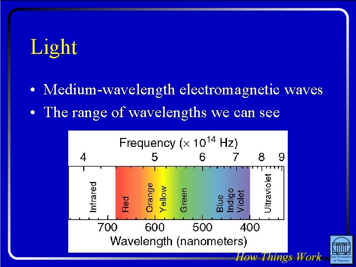 Light • Medium-wavelength electromagnetic waves • The range of wavelengths we can see 