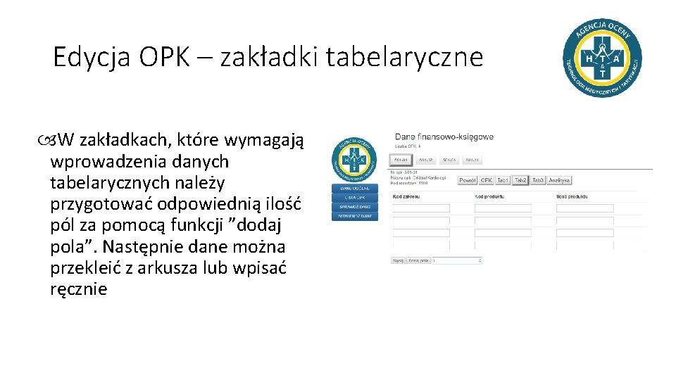 Edycja OPK – zakładki tabelaryczne W zakładkach, które wymagają wprowadzenia danych tabelarycznych należy przygotować