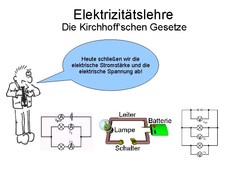 Elektrizitätslehre Die Kirchhoff‘schen Gesetze Heute schließen wir die elektrische Stromstärke und die elektrische Spannung