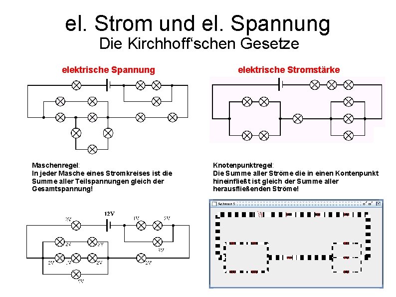 el. Strom und el. Spannung Die Kirchhoff‘schen Gesetze elektrische Spannung Maschenregel: In jeder Masche