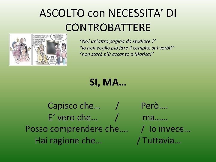 ASCOLTO con NECESSITA’ DI CONTROBATTERE “No! un’altra pagina da studiare !” “Io non voglio