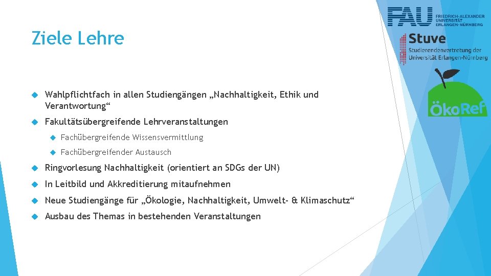 Ziele Lehre Wahlpflichtfach in allen Studiengängen „Nachhaltigkeit, Ethik und Verantwortung“ Fakultätsübergreifende Lehrveranstaltungen Fachübergreifende Wissensvermittlung