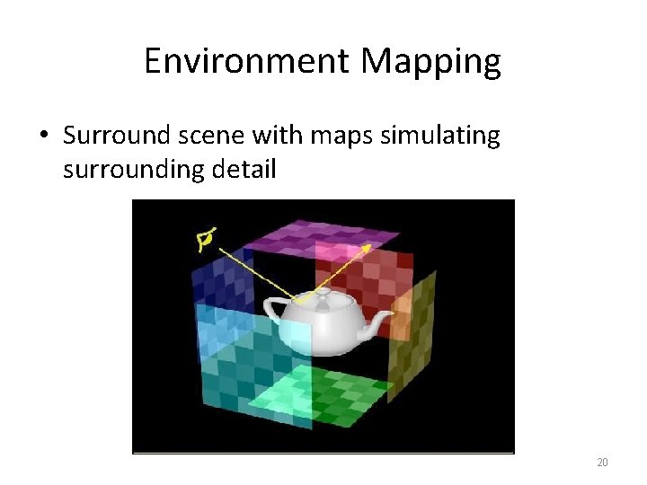 Environment Mapping • Surround scene with maps simulating surrounding detail 20 