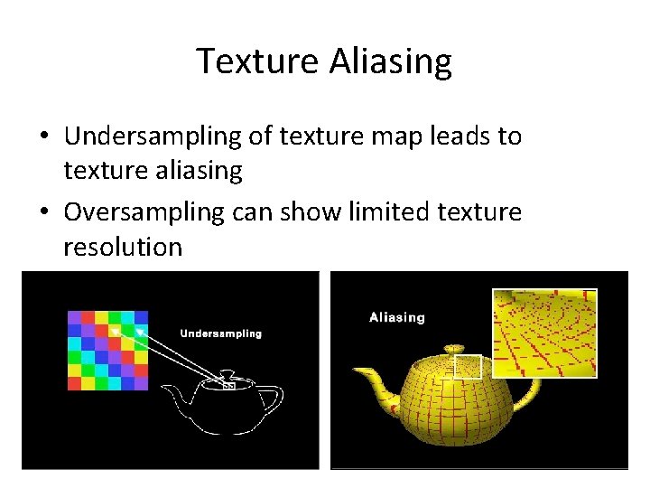 Texture Aliasing • Undersampling of texture map leads to texture aliasing • Oversampling can