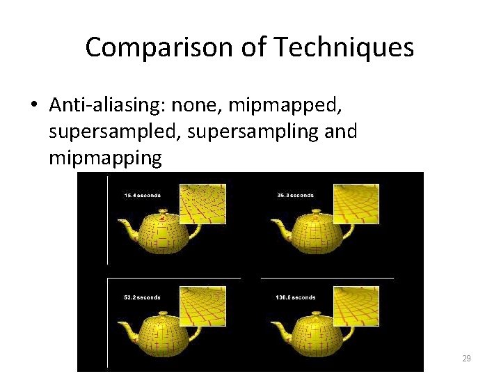 Comparison of Techniques • Anti-aliasing: none, mipmapped, supersampling and mipmapping 29 