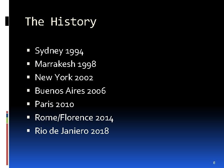 The History Sydney 1994 Marrakesh 1998 New York 2002 Buenos Aires 2006 Paris 2010